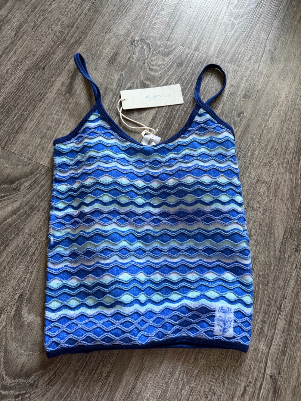 AS revival bra free crochet knit blue pattern tank top size small medium NWT